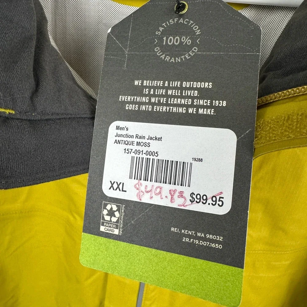 REI Co-op Mens XL Junction Rain Jacket Yellow Cycling Hiking Wind Full Zip NWT